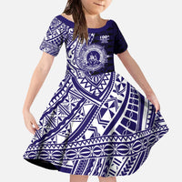 Tonga Queen Salote College 100th Years Family Matching Off The Shoulder Long Sleeve Dress and Hawaiian Shirt Blue Tonga Kupesi Uniquely Pacific Art - Polynesian Pride