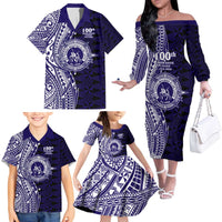 Tonga Queen Salote College 100th Years Family Matching Off The Shoulder Long Sleeve Dress and Hawaiian Shirt Blue Tonga Kupesi Uniquely Pacific Art - Polynesian Pride