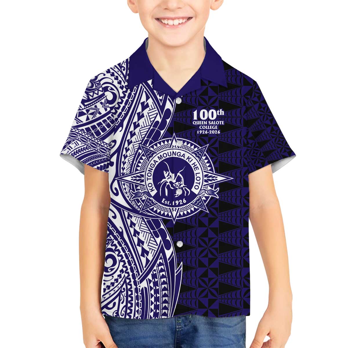 Tonga Queen Salote College 100th Years Family Matching Off The Shoulder Long Sleeve Dress and Hawaiian Shirt Blue Tonga Kupesi Uniquely Pacific Art - Polynesian Pride