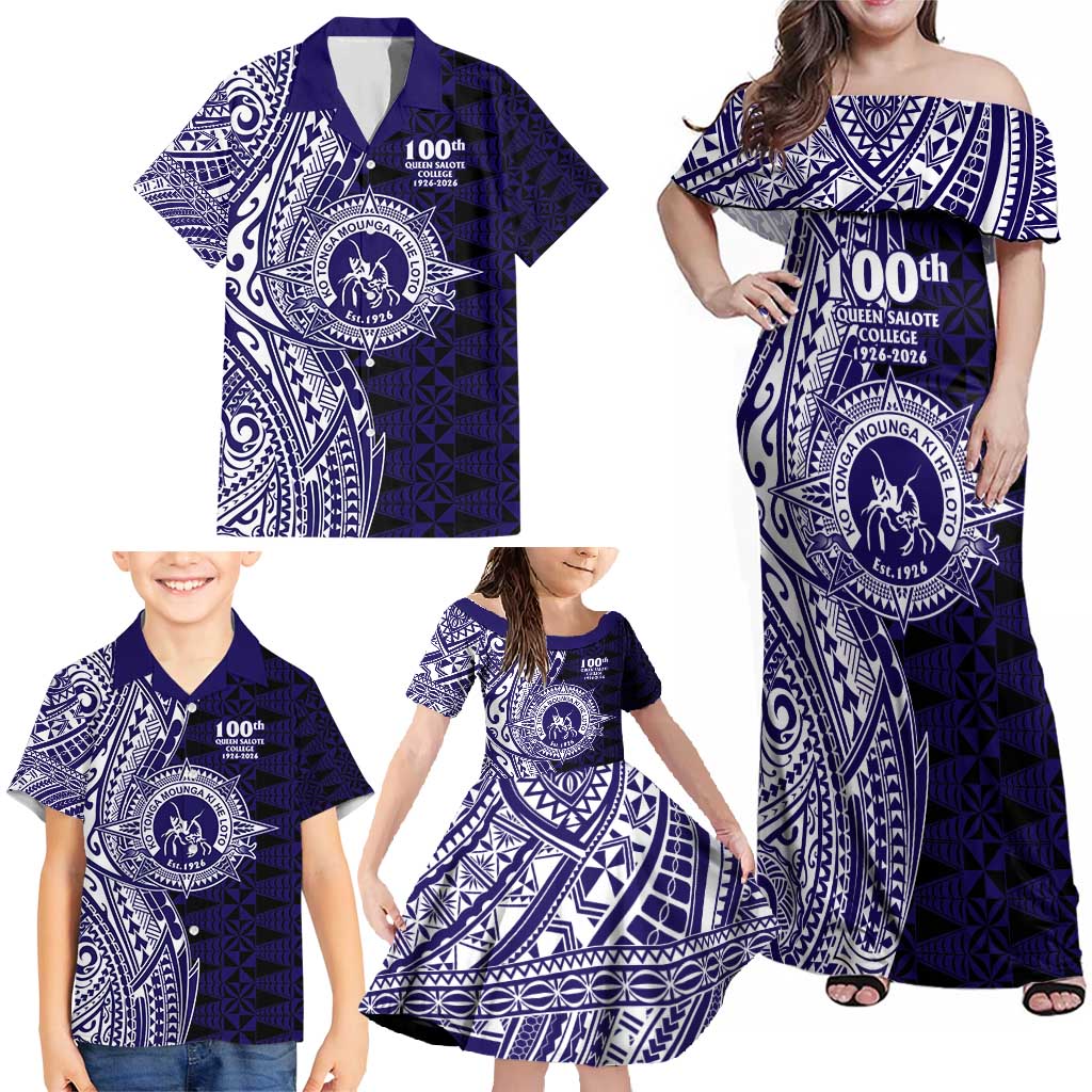 Tonga Queen Salote College 100th Years Family Matching Off Shoulder Maxi Dress and Hawaiian Shirt Blue Tonga Kupesi Uniquely Pacific Art - Polynesian Pride