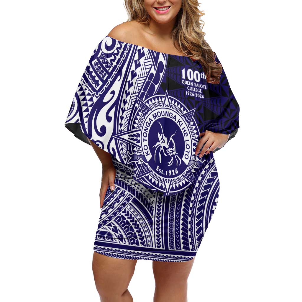 Tonga Queen Salote College 100th Years Family Matching Off Shoulder Short Dress and Hawaiian Shirt Blue Tonga Kupesi Uniquely Pacific Art - Polynesian Pride
