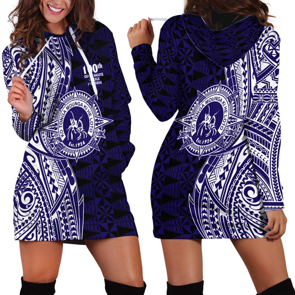Tonga Queen Salote College 100th Years Hoodie Dress Blue Tonga Kupesi Uniquely Pacific Art - Polynesian Pride