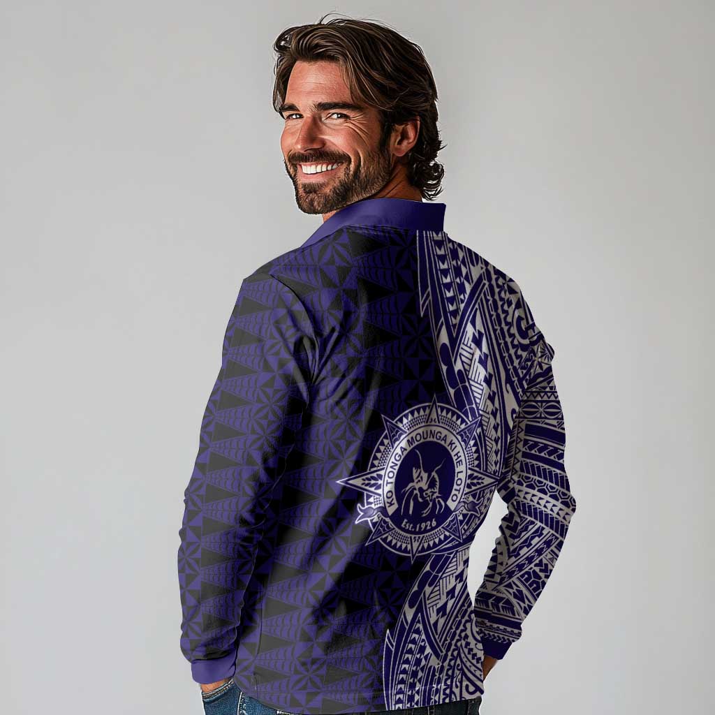 Tonga Queen Salote College 100th Years Long Sleeve Polo Shirt Blue Tonga Kupesi Uniquely Pacific Art - Polynesian Pride