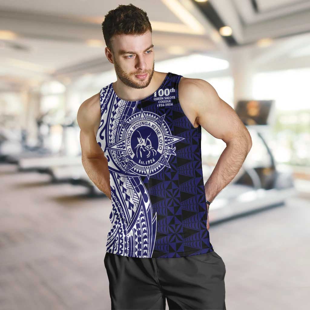 Tonga Queen Salote College 100th Years Men Tank Top Blue Tonga Kupesi Uniquely Pacific Art - Polynesian Pride