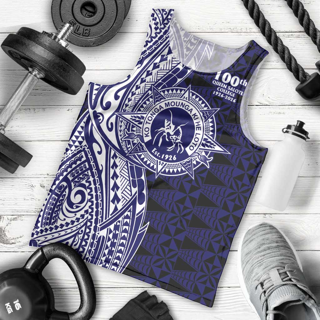 Tonga Queen Salote College 100th Years Men Tank Top Blue Tonga Kupesi Uniquely Pacific Art - Polynesian Pride