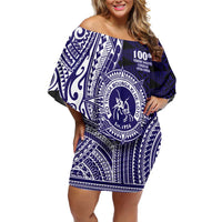 Tonga Queen Salote College 100th Years Off Shoulder Short Dress Blue Tonga Kupesi Uniquely Pacific Art - Polynesian Pride