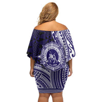 Tonga Queen Salote College 100th Years Off Shoulder Short Dress Blue Tonga Kupesi Uniquely Pacific Art - Polynesian Pride