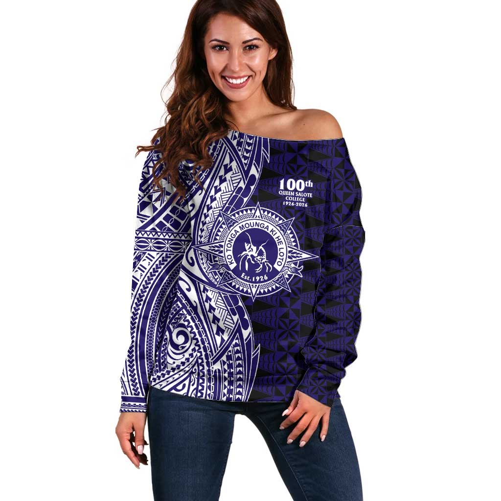 Tonga Queen Salote College 100th Years Off Shoulder Sweater Blue Tonga Kupesi Uniquely Pacific Art - Polynesian Pride