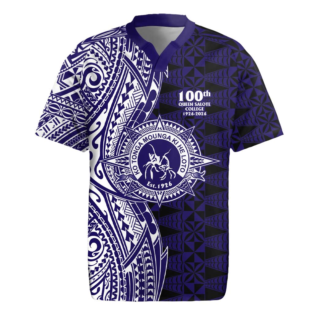 Tonga Queen Salote College 100th Years Rugby Jersey Blue Tonga Kupesi Uniquely Pacific Art - Polynesian Pride