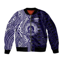 Tonga Queen Salote College 100th Years Sleeve Zip Bomber Jacket Blue Tonga Kupesi Uniquely Pacific Art - Polynesian Pride