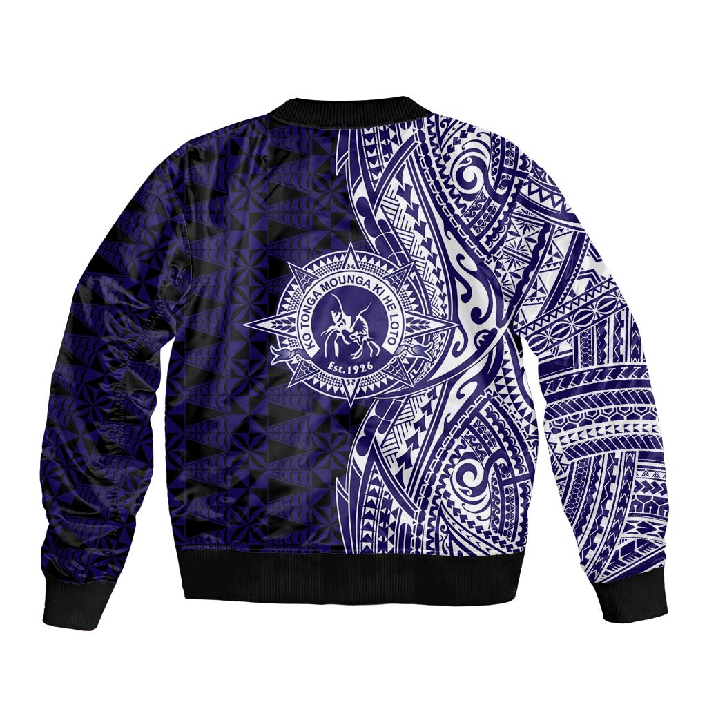 Tonga Queen Salote College 100th Years Sleeve Zip Bomber Jacket Blue Tonga Kupesi Uniquely Pacific Art - Polynesian Pride
