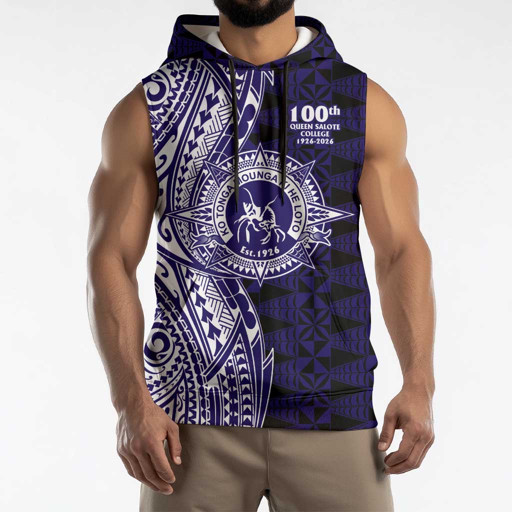 Tonga Queen Salote College 100th Years Sleeveless Hoodie Blue Tonga Kupesi Uniquely Pacific Art - Polynesian Pride