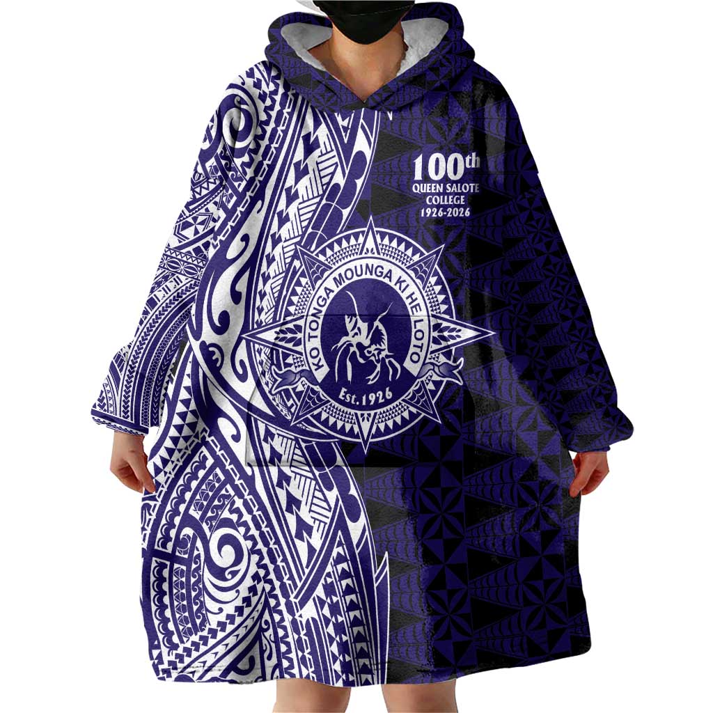 Tonga Queen Salote College 100th Years Wearable Blanket Hoodie Blue Tonga Kupesi Uniquely Pacific Art - Polynesian Pride