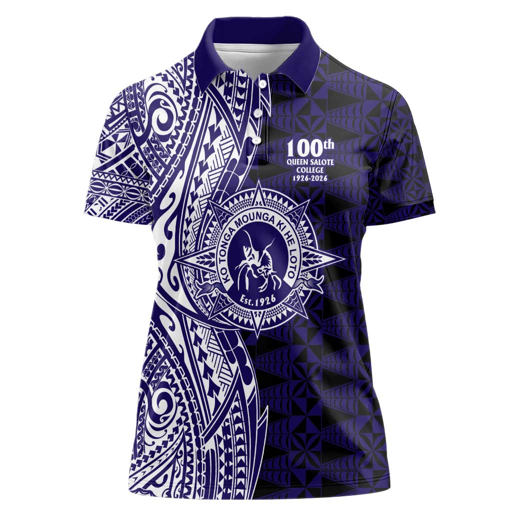 Tonga Queen Salote College 100th Years Women Polo Shirt Blue Tonga Kupesi Uniquely Pacific Art - Polynesian Pride