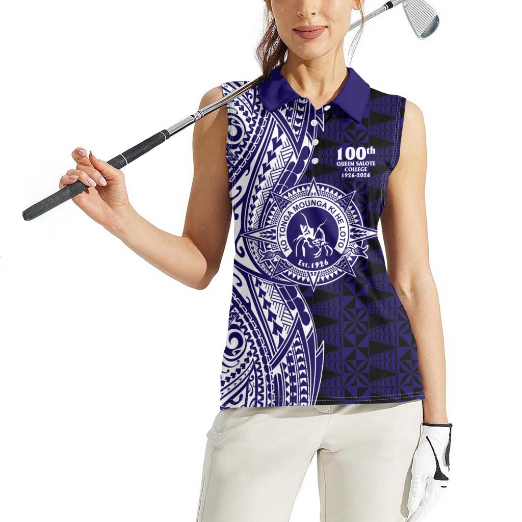 Tonga Queen Salote College 100th Years Women Sleeveless Polo Shirt Blue Tonga Kupesi Uniquely Pacific Art - Polynesian Pride