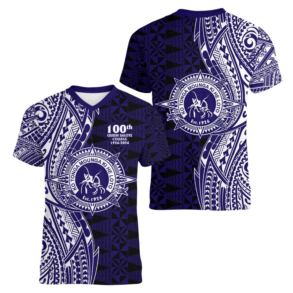 Tonga Queen Salote College 100th Years Women V-Neck T-Shirt Blue Tonga Kupesi Uniquely Pacific Art - Polynesian Pride