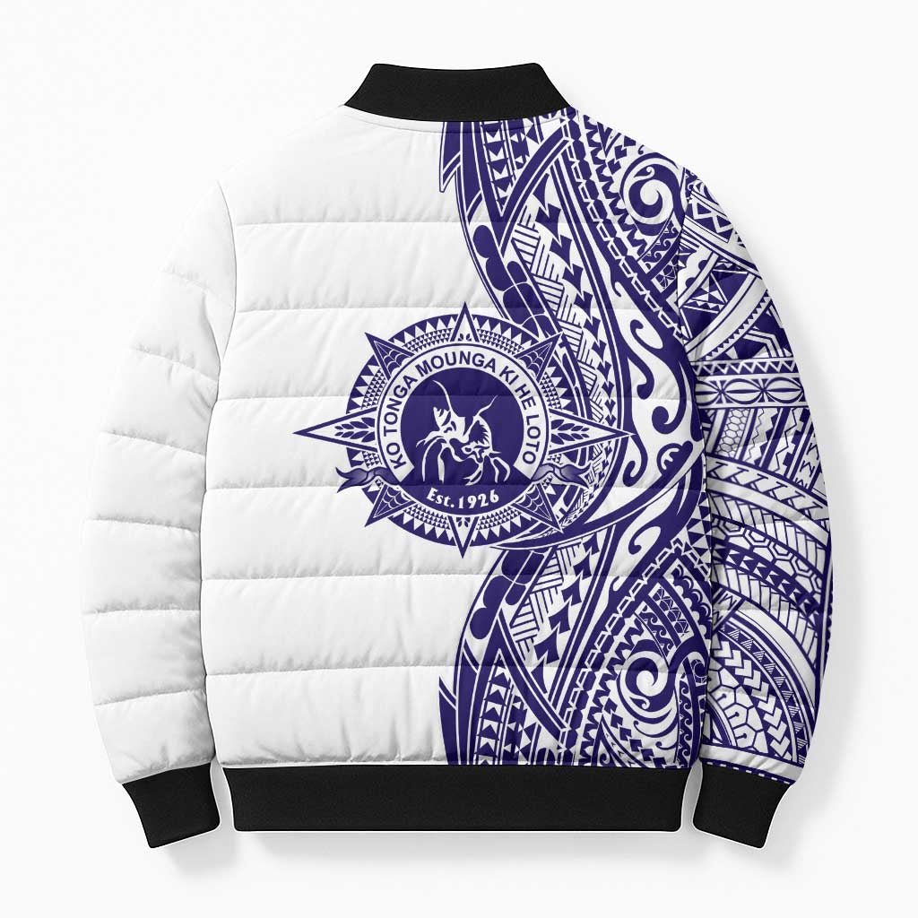 Tonga Queen Salote College 100th Years Bomber Puffer Jacket White Tonga Kupesi Uniquely Pacific Art - Polynesian Pride