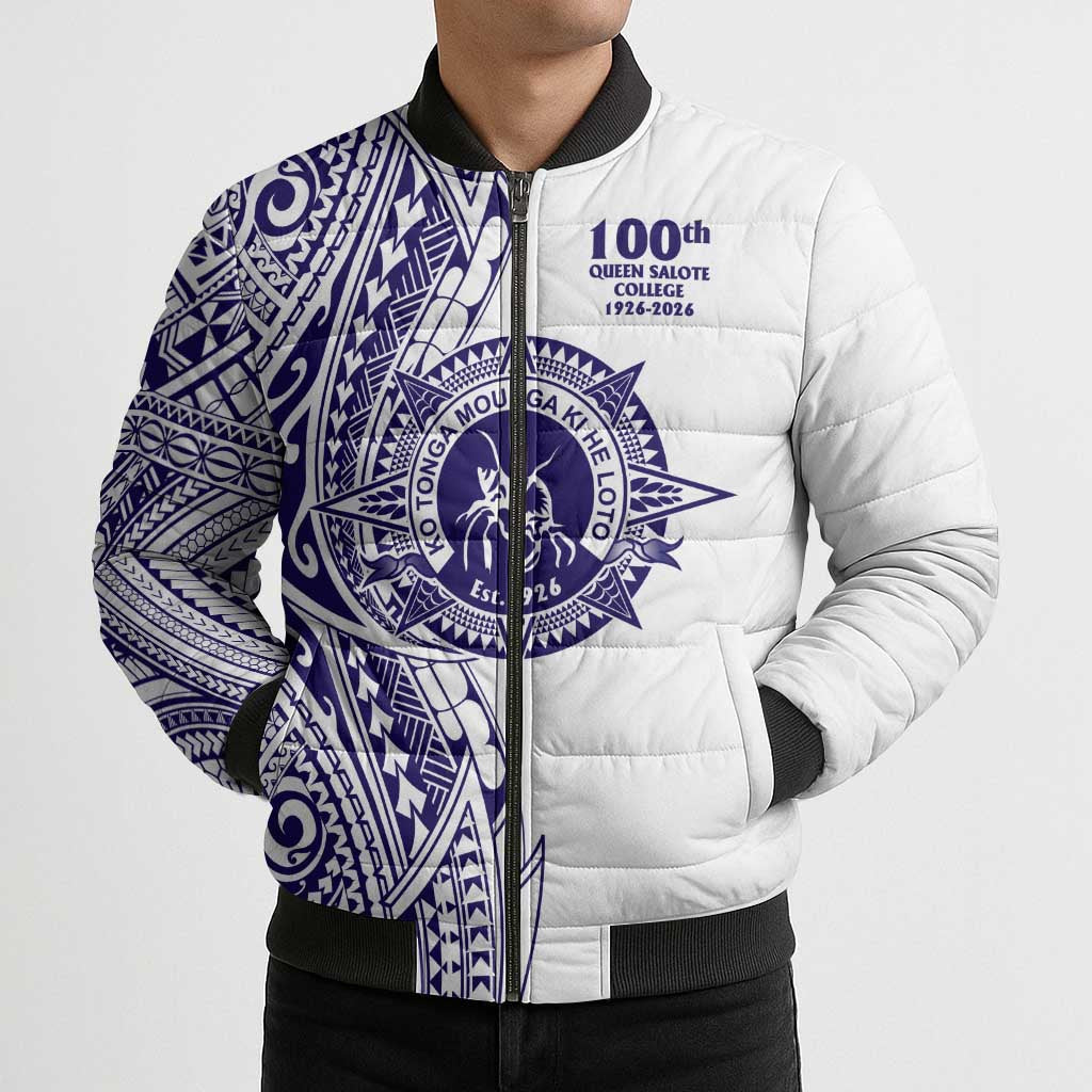 Tonga Queen Salote College 100th Years Bomber Puffer Jacket White Tonga Kupesi Uniquely Pacific Art - Polynesian Pride
