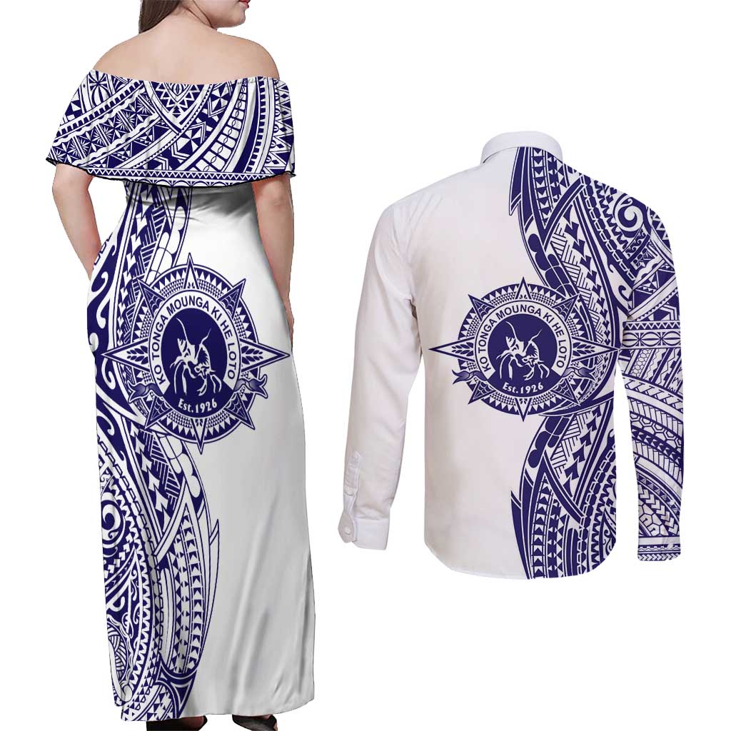 Tonga Queen Salote College 100th Years Couples Matching Off Shoulder Maxi Dress and Long Sleeve Button Shirt White Tonga Kupesi Uniquely Pacific Art - Polynesian Pride