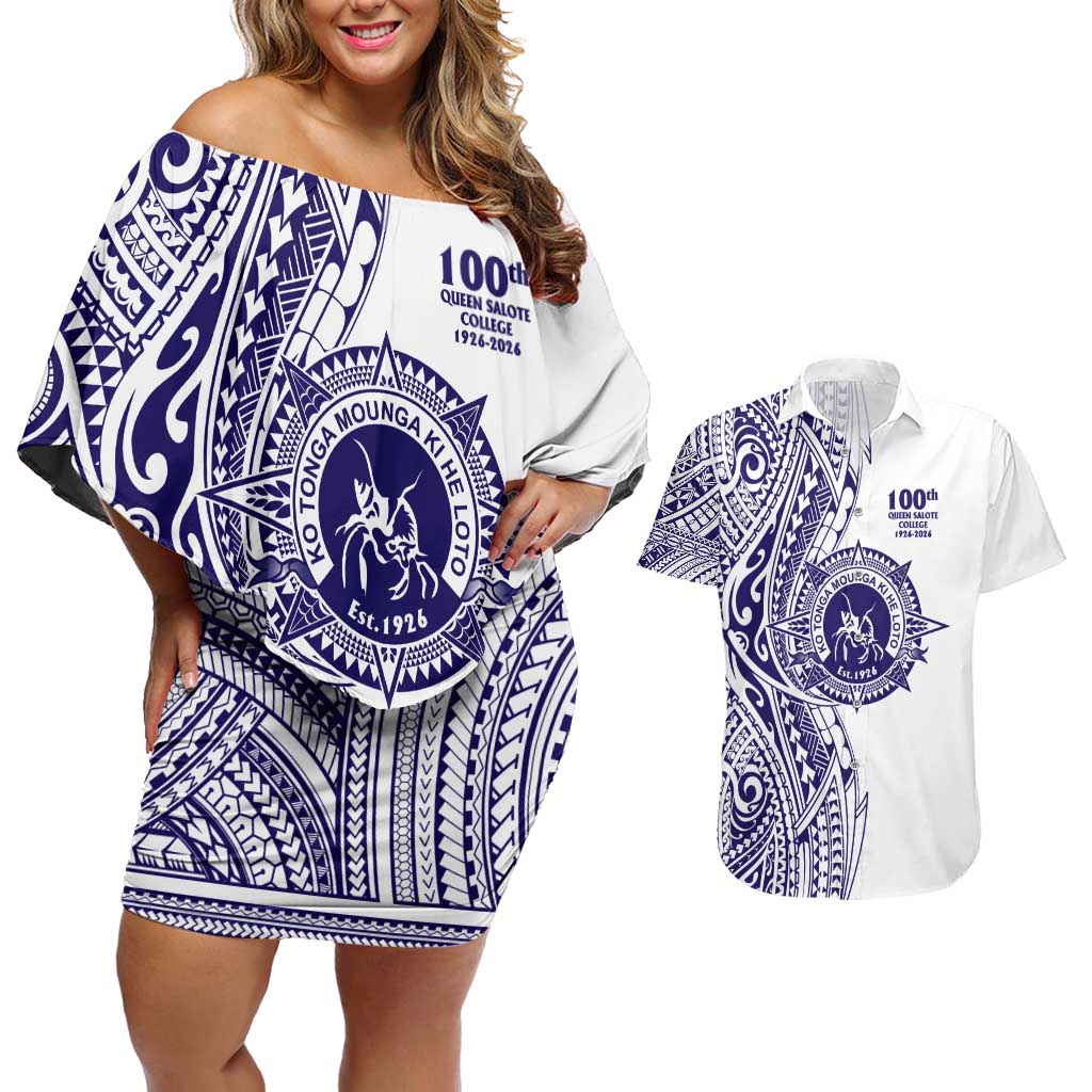 Tonga Queen Salote College 100th Years Couples Matching Off Shoulder Short Dress and Hawaiian Shirt White Tonga Kupesi Uniquely Pacific Art - Polynesian Pride