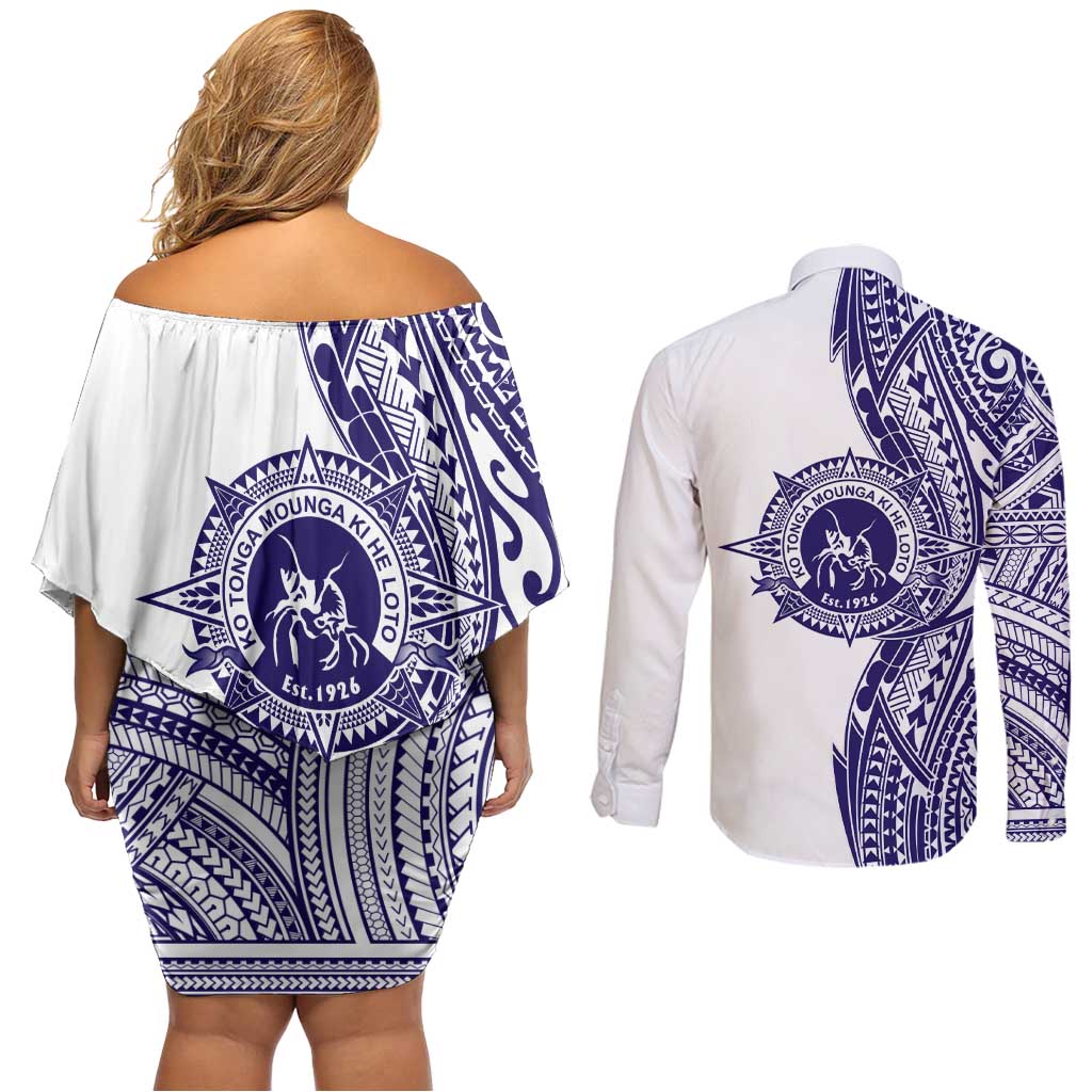Tonga Queen Salote College 100th Years Couples Matching Off Shoulder Short Dress and Long Sleeve Button Shirt White Tonga Kupesi Uniquely Pacific Art - Polynesian Pride