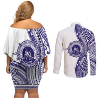 Tonga Queen Salote College 100th Years Couples Matching Off Shoulder Short Dress and Long Sleeve Button Shirt White Tonga Kupesi Uniquely Pacific Art - Polynesian Pride