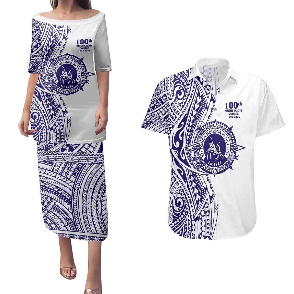 Tonga Queen Salote College 100th Years Couples Matching Puletasi and Hawaiian Shirt White Tonga Kupesi Uniquely Pacific Art - Polynesian Pride
