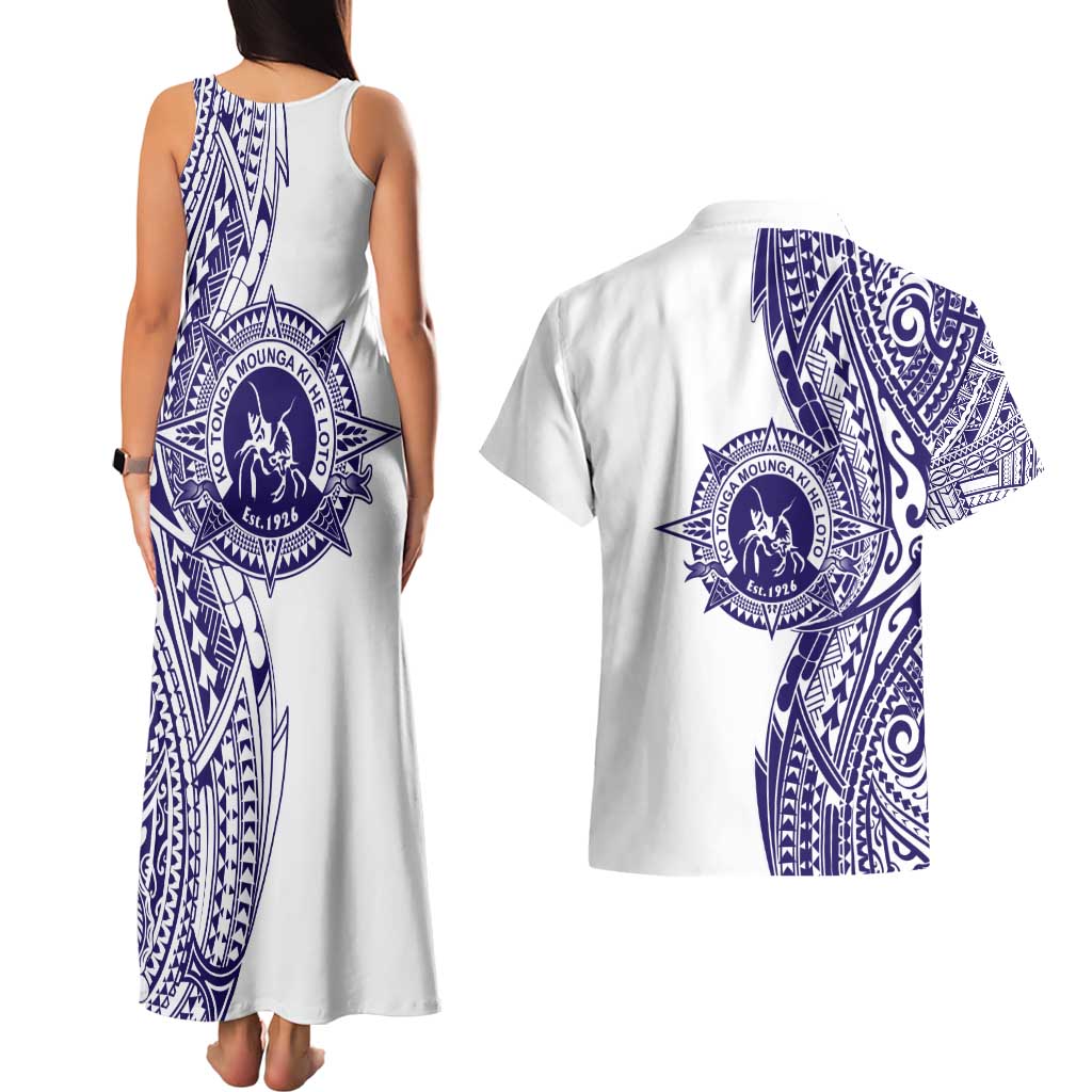 Tonga Queen Salote College 100th Years Couples Matching Tank Maxi Dress and Hawaiian Shirt White Tonga Kupesi Uniquely Pacific Art - Polynesian Pride