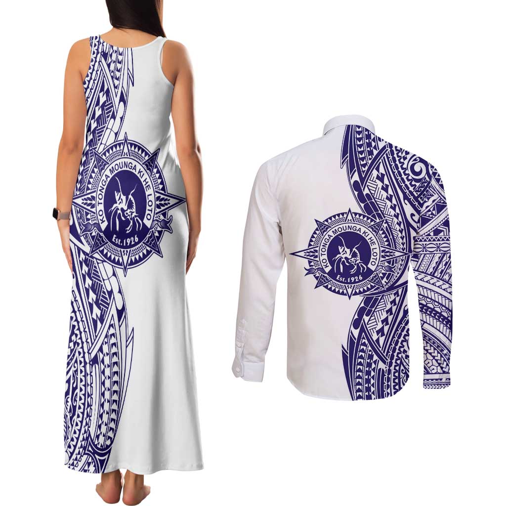 Tonga Queen Salote College 100th Years Couples Matching Tank Maxi Dress and Long Sleeve Button Shirt White Tonga Kupesi Uniquely Pacific Art - Polynesian Pride