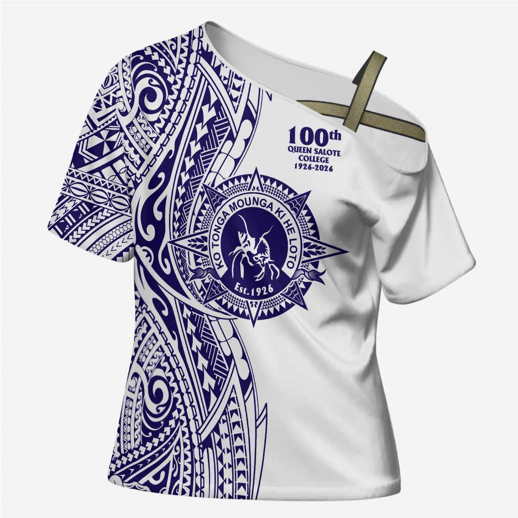 Tonga Queen Salote College 100th Years Cross Shoulder Shirt White Tonga Kupesi Uniquely Pacific Art - Polynesian Pride