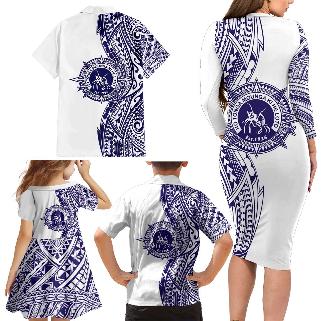 Tonga Queen Salote College 100th Years Family Matching Long Sleeve Bodycon Dress and Hawaiian Shirt White Tonga Kupesi Uniquely Pacific Art - Polynesian Pride