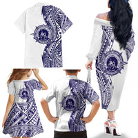 Tonga Queen Salote College 100th Years Family Matching Off The Shoulder Long Sleeve Dress and Hawaiian Shirt White Tonga Kupesi Uniquely Pacific Art - Polynesian Pride