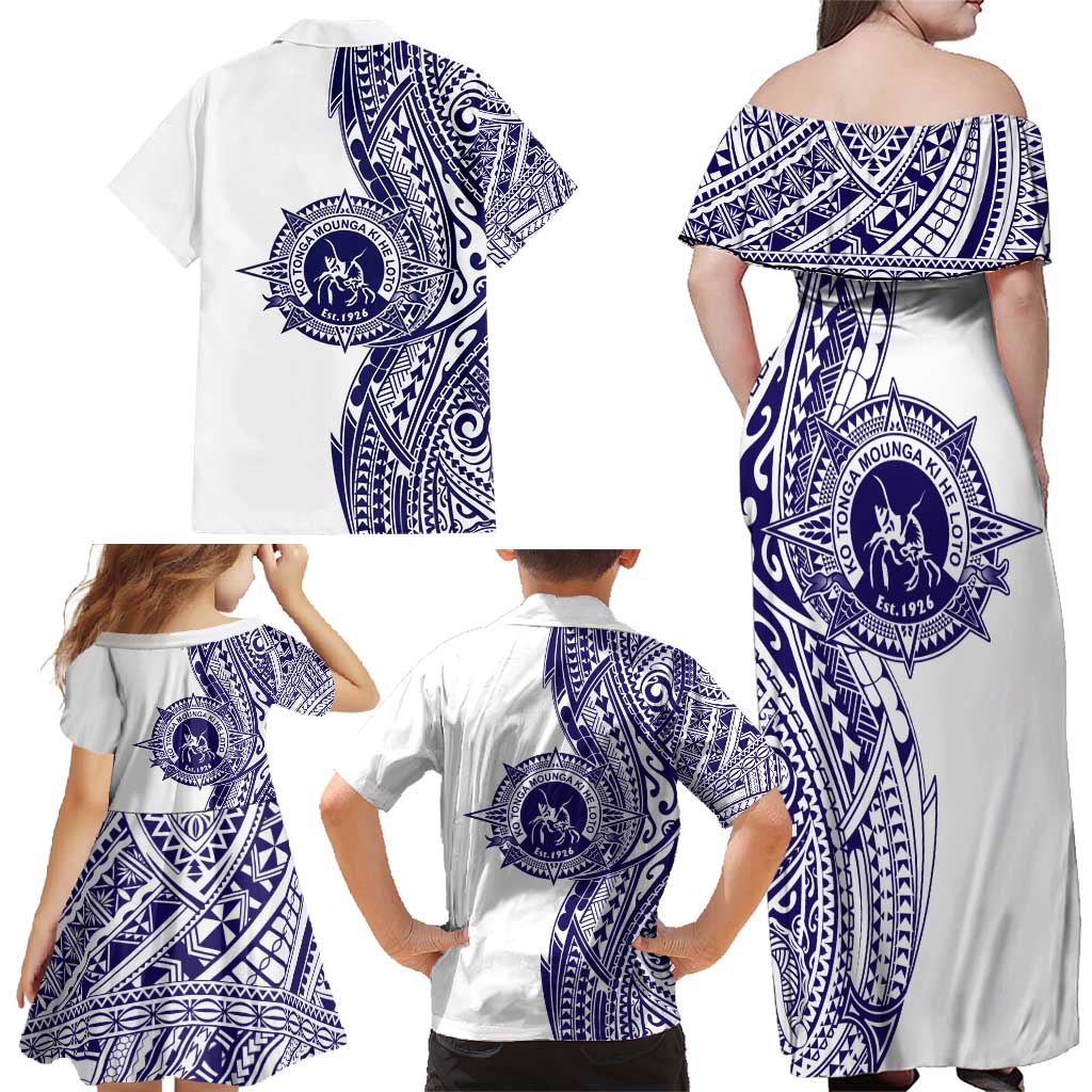 Tonga Queen Salote College 100th Years Family Matching Off Shoulder Maxi Dress and Hawaiian Shirt White Tonga Kupesi Uniquely Pacific Art - Polynesian Pride