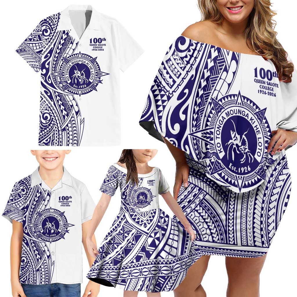Tonga Queen Salote College 100th Years Family Matching Off Shoulder Short Dress and Hawaiian Shirt White Tonga Kupesi Uniquely Pacific Art - Polynesian Pride