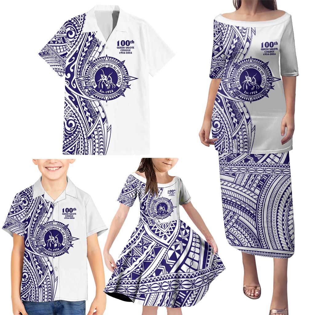 Tonga Queen Salote College 100th Years Family Matching Puletasi and Hawaiian Shirt White Tonga Kupesi Uniquely Pacific Art - Polynesian Pride
