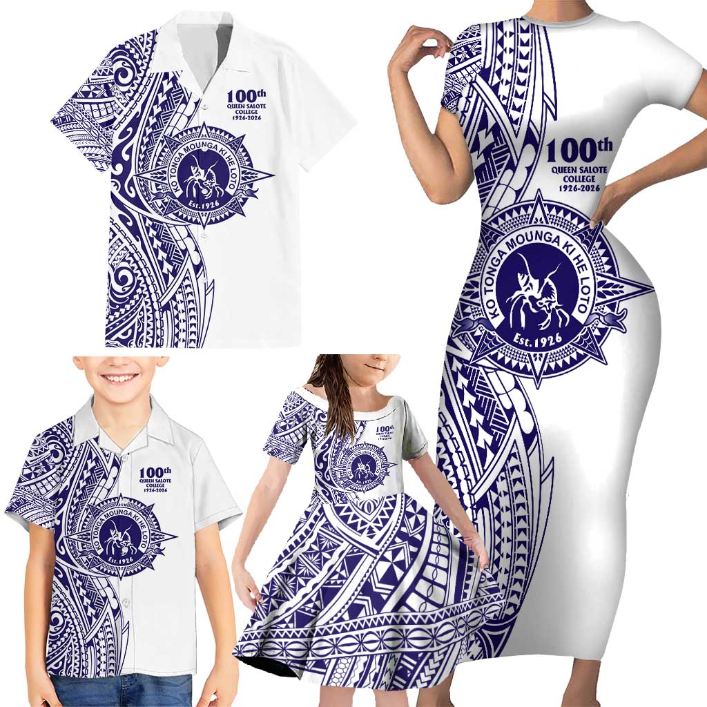 Tonga Queen Salote College 100th Years Family Matching Short Sleeve Bodycon Dress and Hawaiian Shirt White Tonga Kupesi Uniquely Pacific Art - Polynesian Pride