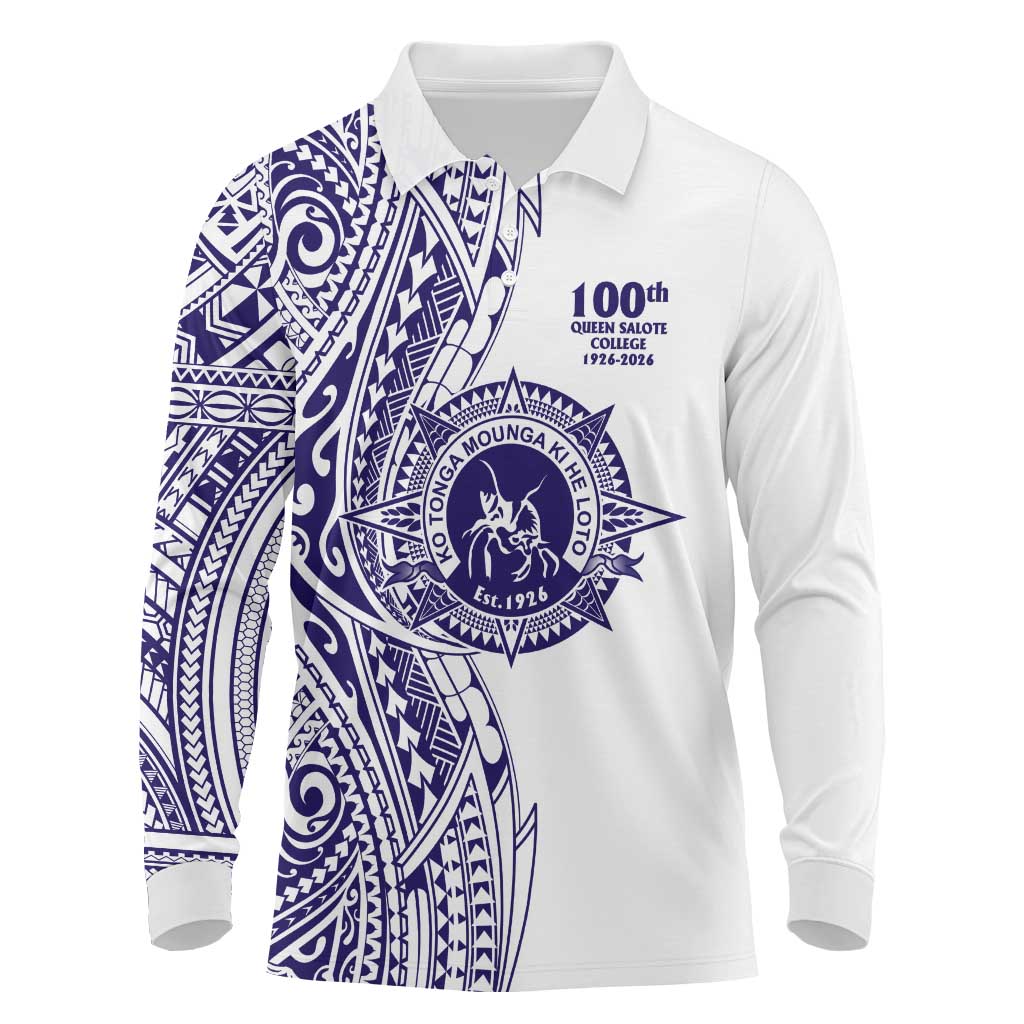 Tonga Queen Salote College 100th Years Long Sleeve Polo Shirt White Tonga Kupesi Uniquely Pacific Art - Polynesian Pride
