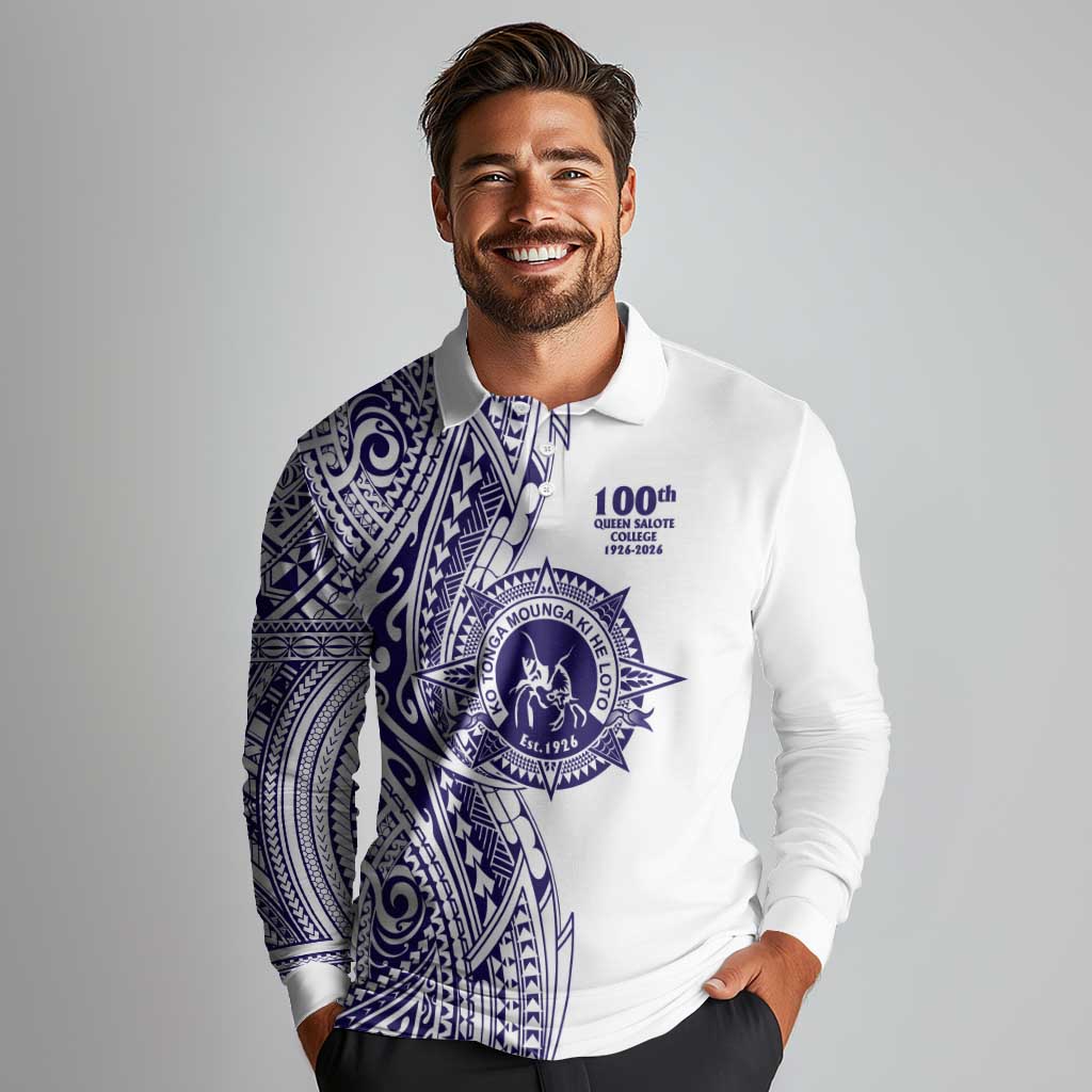 Tonga Queen Salote College 100th Years Long Sleeve Polo Shirt White Tonga Kupesi Uniquely Pacific Art - Polynesian Pride