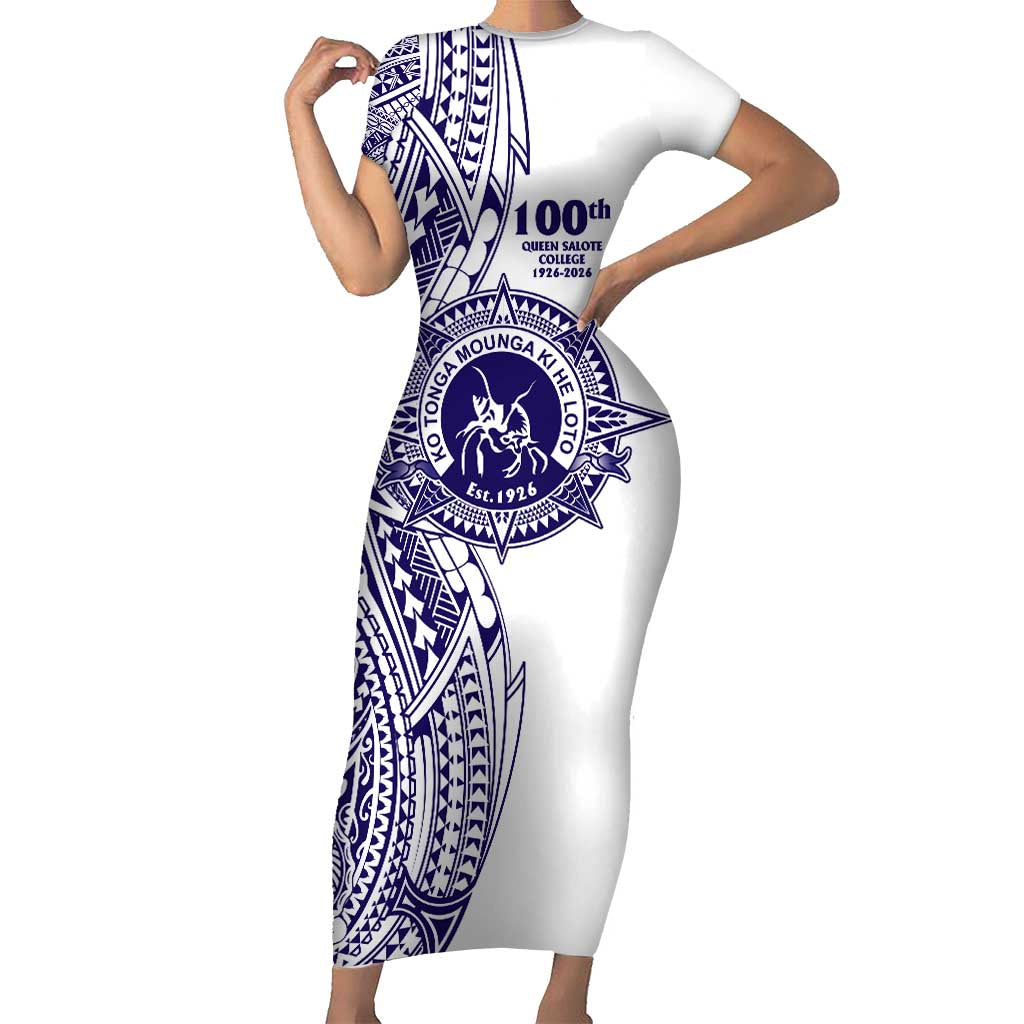 Tonga Queen Salote College 100th Years Short Sleeve Bodycon Dress White Tonga Kupesi Uniquely Pacific Art - Polynesian Pride
