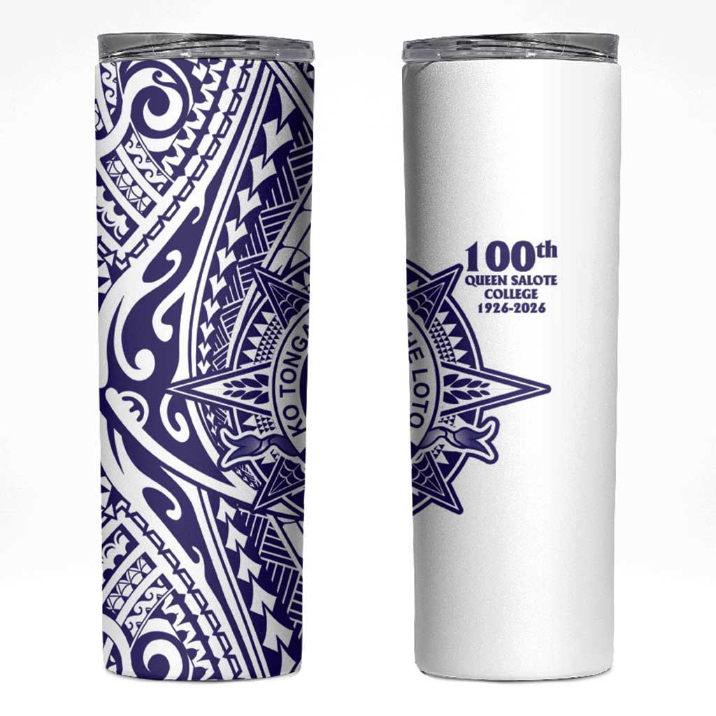 Tonga Queen Salote College 100th Years Skinny Tumbler White Tonga Kupesi Uniquely Pacific Art - Polynesian Pride