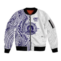 Tonga Queen Salote College 100th Years Sleeve Zip Bomber Jacket White Tonga Kupesi Uniquely Pacific Art - Polynesian Pride