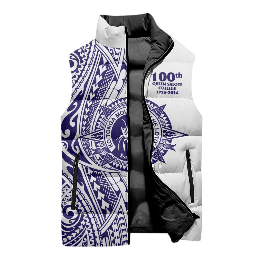 Tonga Queen Salote College 100th Years Sleeveless Puffer Jacket White Tonga Kupesi Uniquely Pacific Art - Polynesian Pride