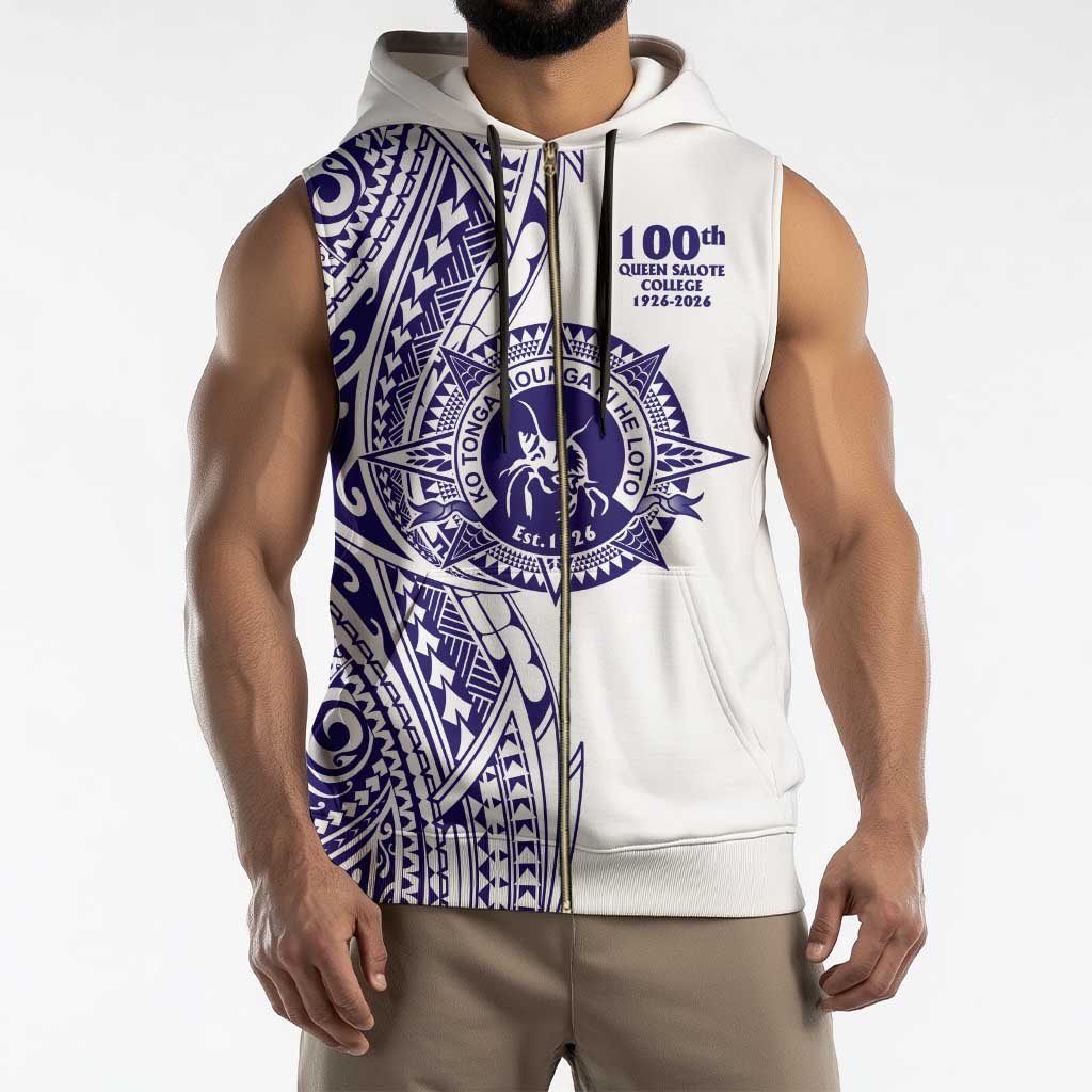 Tonga Queen Salote College 100th Years Sleeveless Zip Hoodie White Tonga Kupesi Uniquely Pacific Art - Polynesian Pride