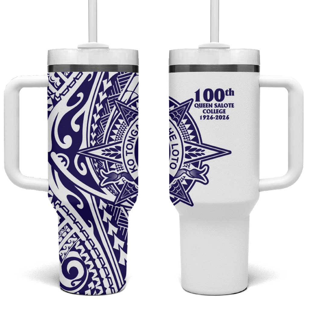 Tonga Queen Salote College 100th Years Tumbler With Handle White Tonga Kupesi Uniquely Pacific Art - Polynesian Pride