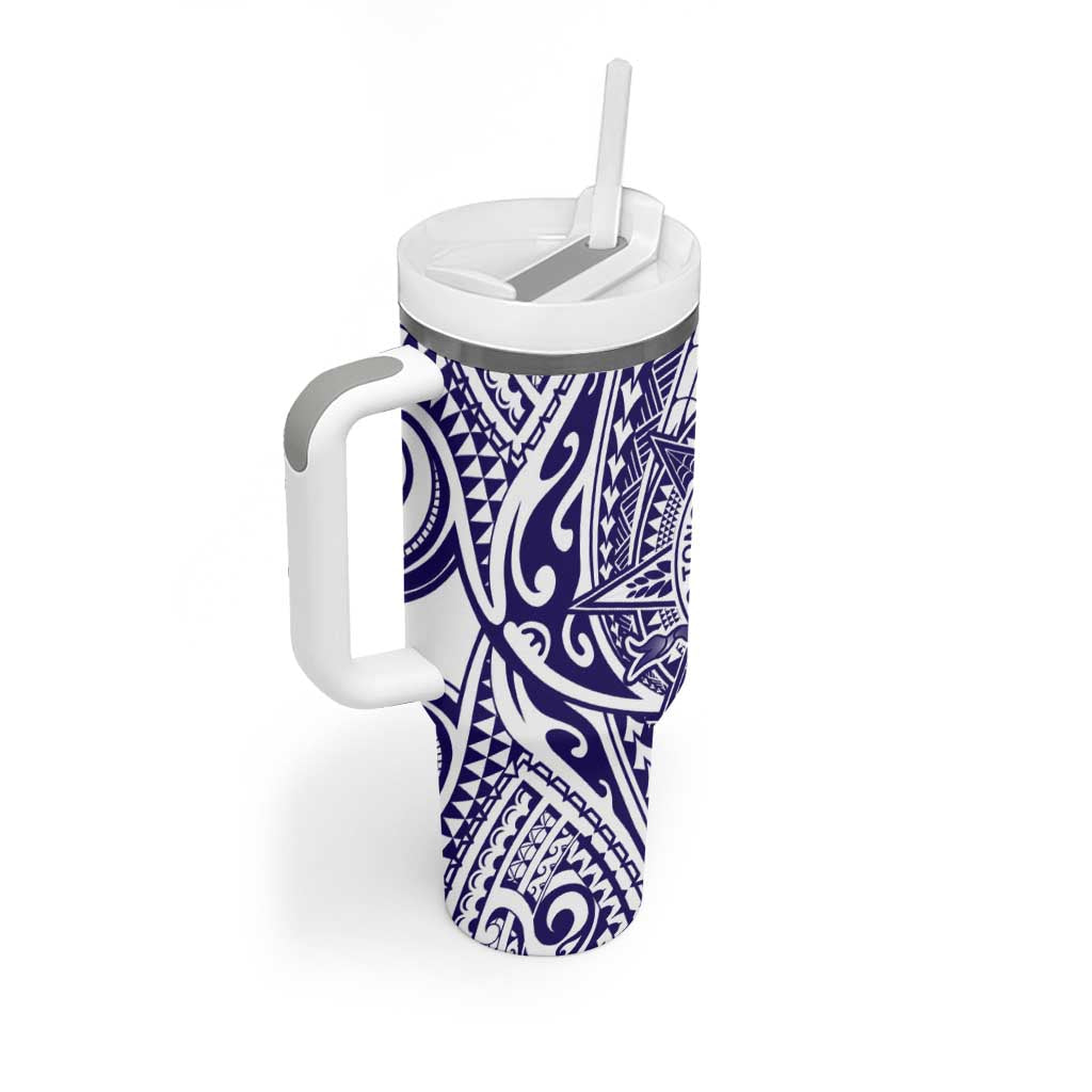 Tonga Queen Salote College 100th Years Tumbler With Handle White Tonga Kupesi Uniquely Pacific Art - Polynesian Pride