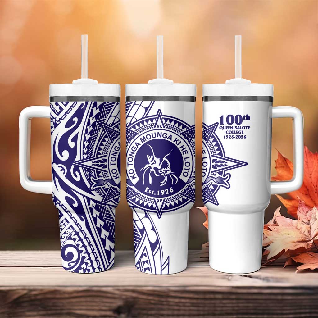 Tonga Queen Salote College 100th Years Tumbler With Handle White Tonga Kupesi Uniquely Pacific Art - Polynesian Pride