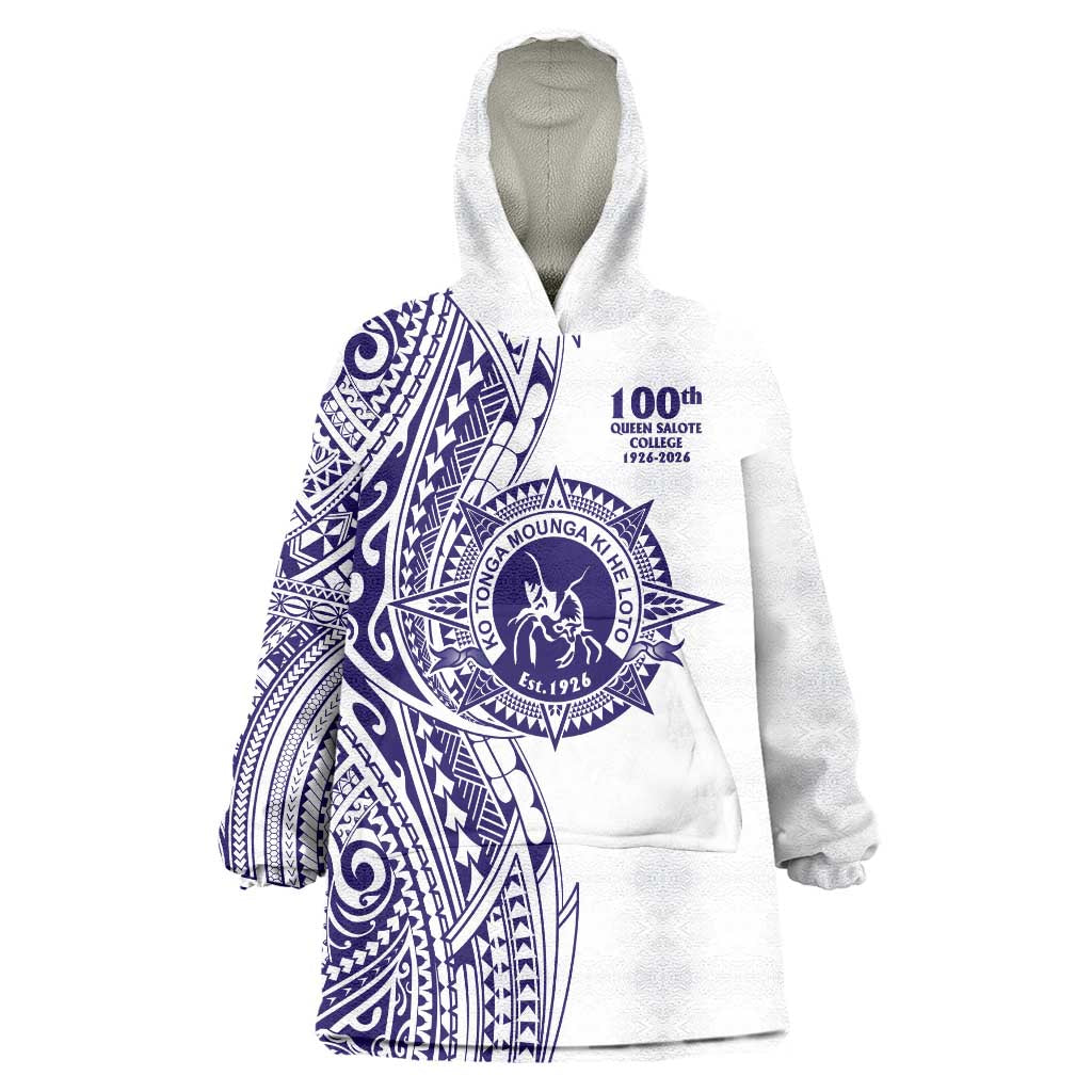 Tonga Queen Salote College 100th Years Wearable Blanket Hoodie White Tonga Kupesi Uniquely Pacific Art - Polynesian Pride