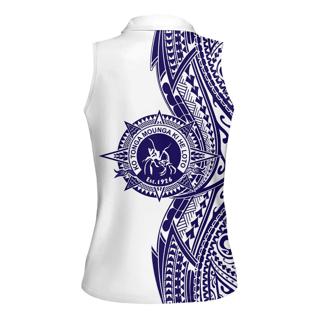 Tonga Queen Salote College 100th Years Women Sleeveless Polo Shirt White Tonga Kupesi Uniquely Pacific Art - Polynesian Pride