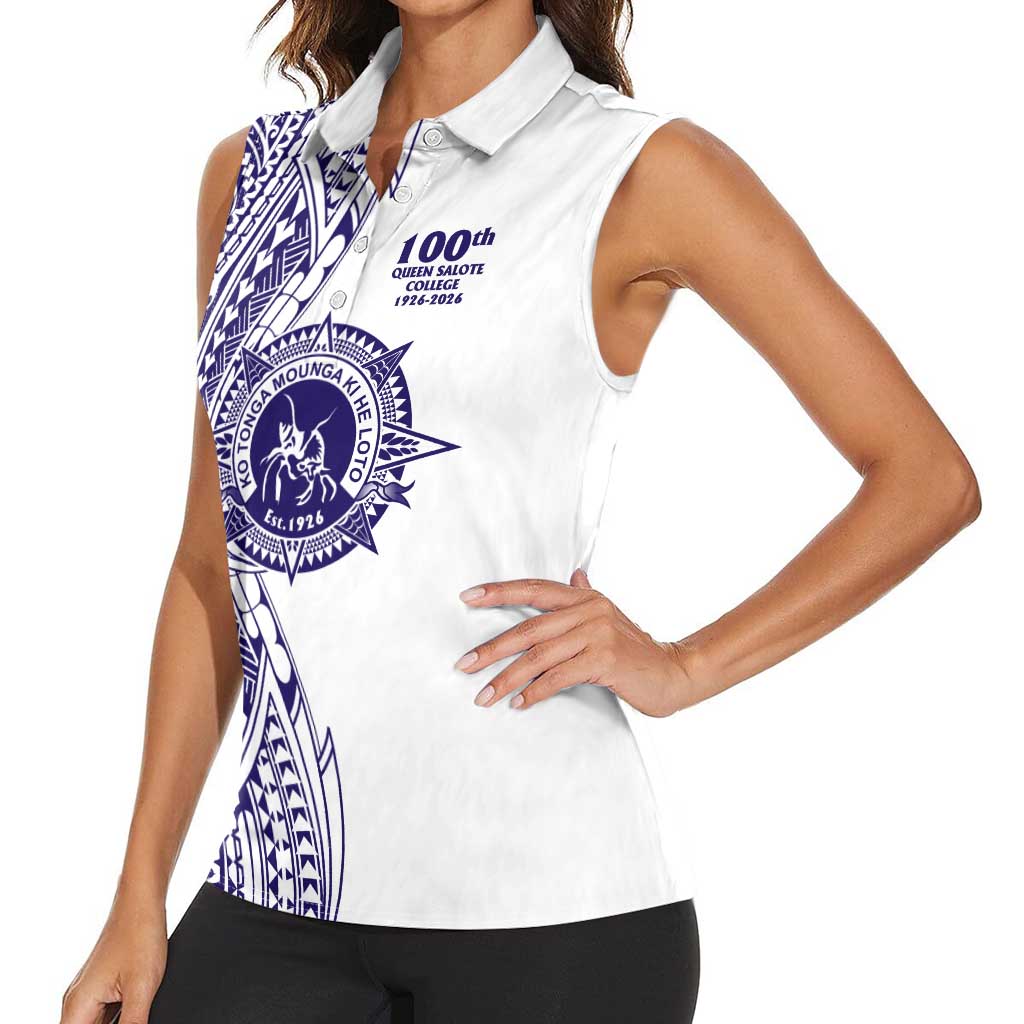 Tonga Queen Salote College 100th Years Women Sleeveless Polo Shirt White Tonga Kupesi Uniquely Pacific Art - Polynesian Pride