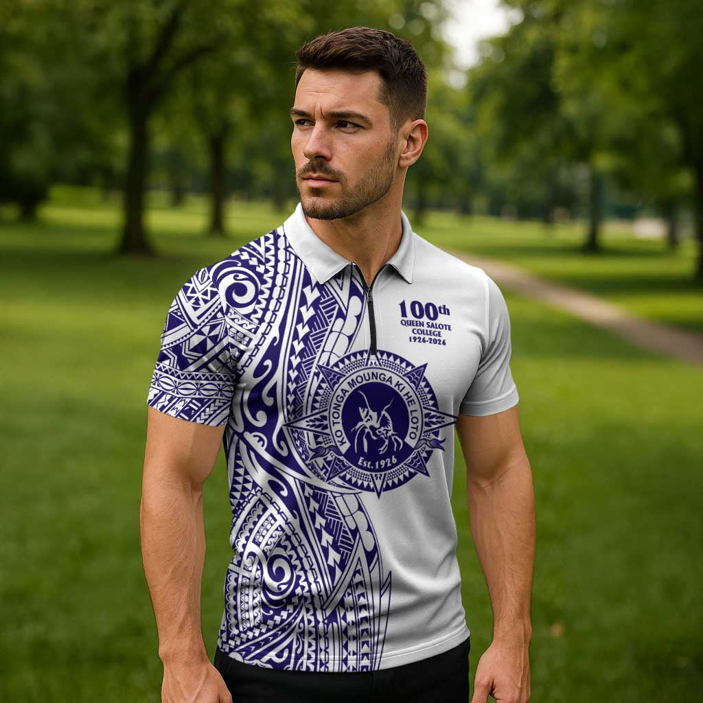 Tonga Queen Salote College 100th Years Zipper Polo Shirt White Tonga Kupesi Uniquely Pacific Art - Polynesian Pride